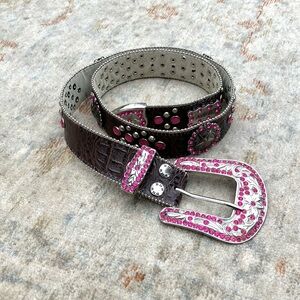 Brown BHW Embellished Leather Belt with Silver Buckle Sz Medium